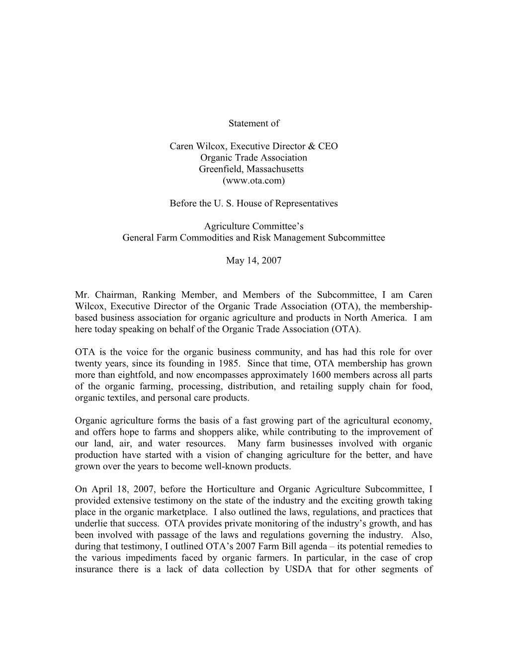 Caren Wilcox Testimony - House Ag - May 14, 2007 (00014116)