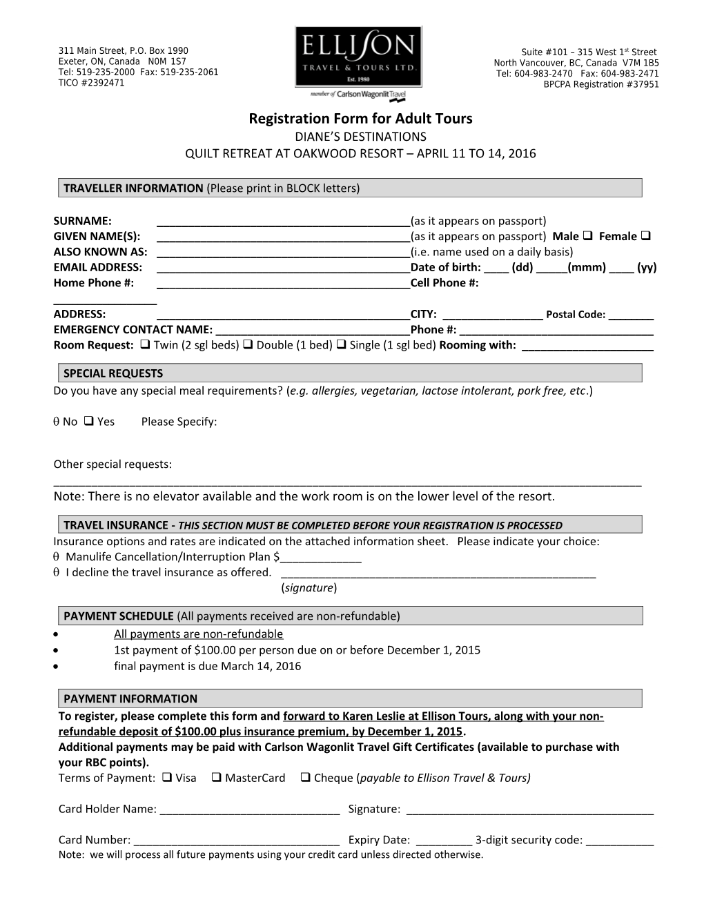 Registration Form for Adult Tours
