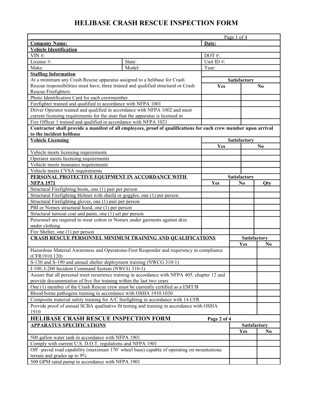 Tactical Water Tender Inspection Form