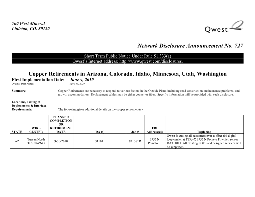 Network Disclosure Announcement No. 727