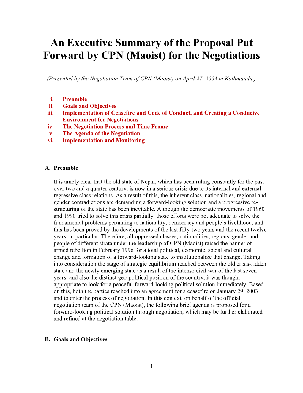 An Executive Summary of the Proposal Put Forward by CPN (Maoist) for the Negotiations