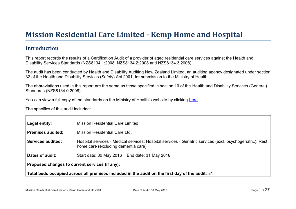 Mission Residential Care Limited - Kemp Home and Hospital