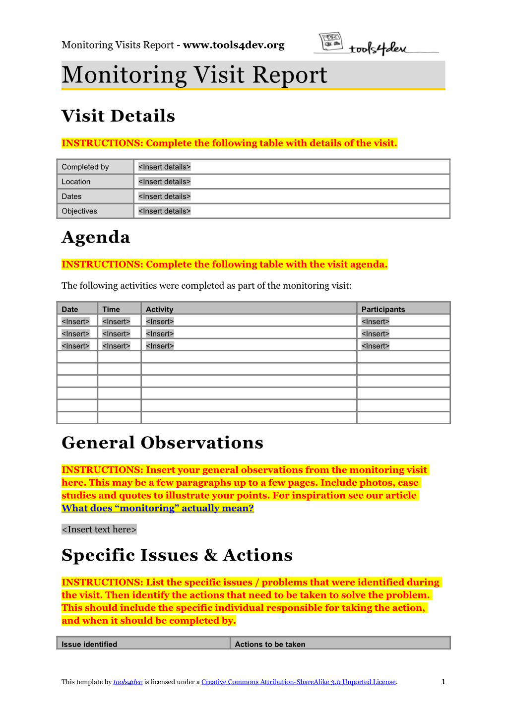 Monitoring Visit Report Template