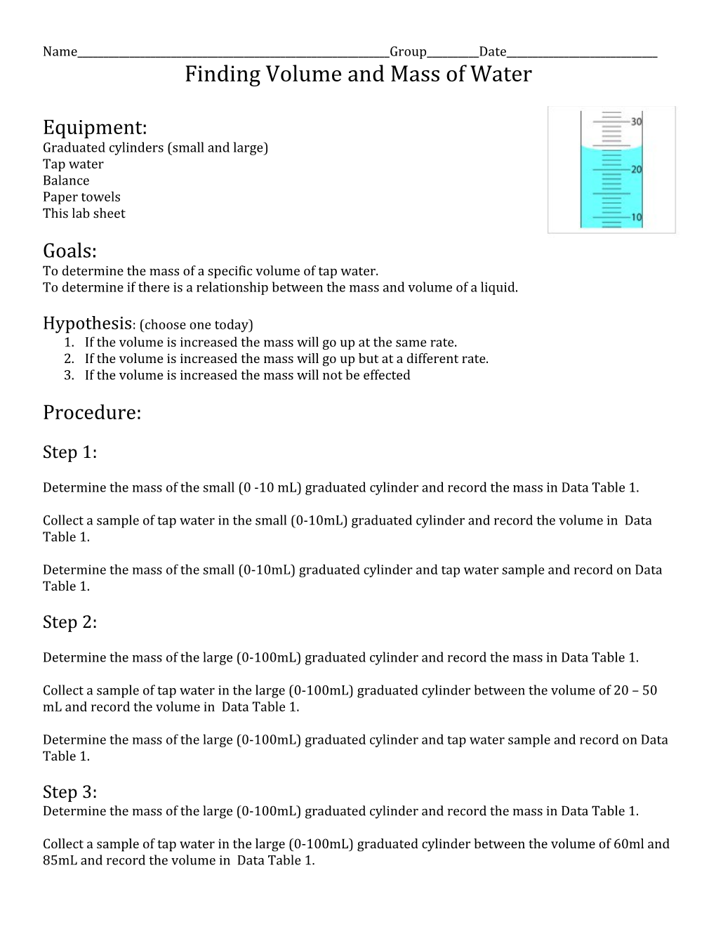 Finding Volume and Mass of Water