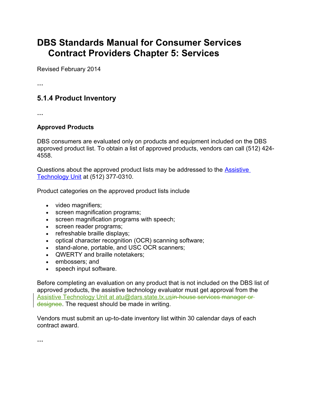 DBS Standards Manual Chapter 5 Revisions, February 2014