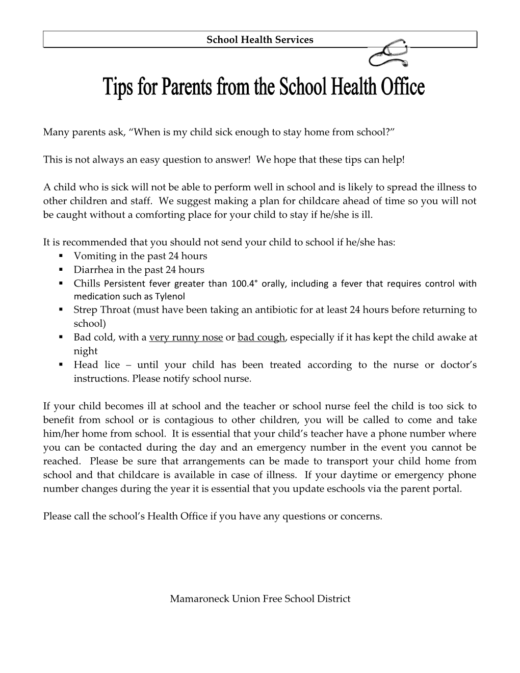 Letter to Parents Regarding Children Who Are Sick at School/When to Keep Your Child Home