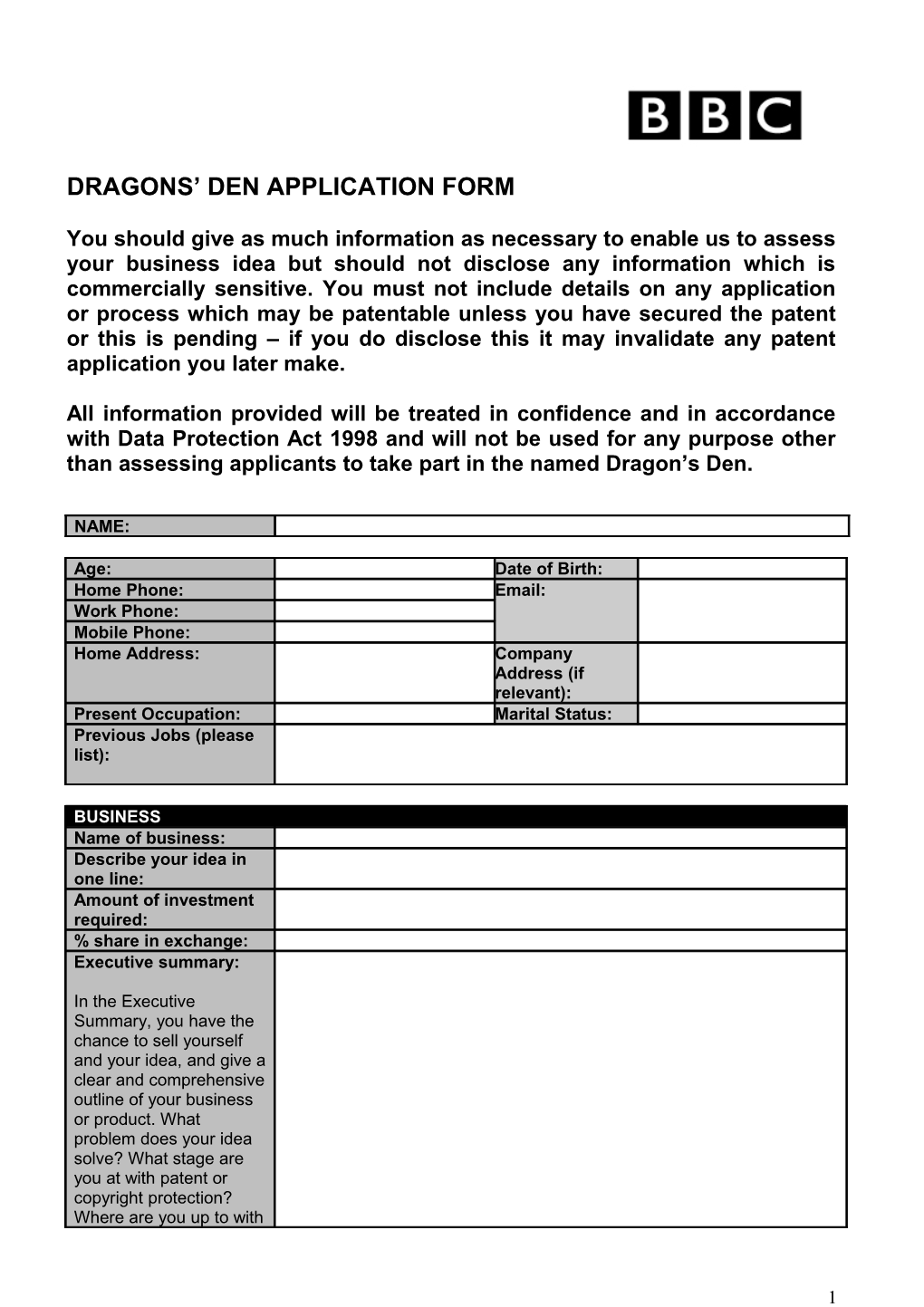 Dragons Den Application Form