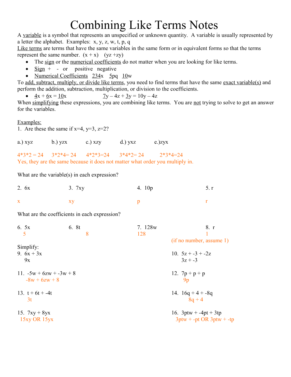 Combining Like Terms Notes