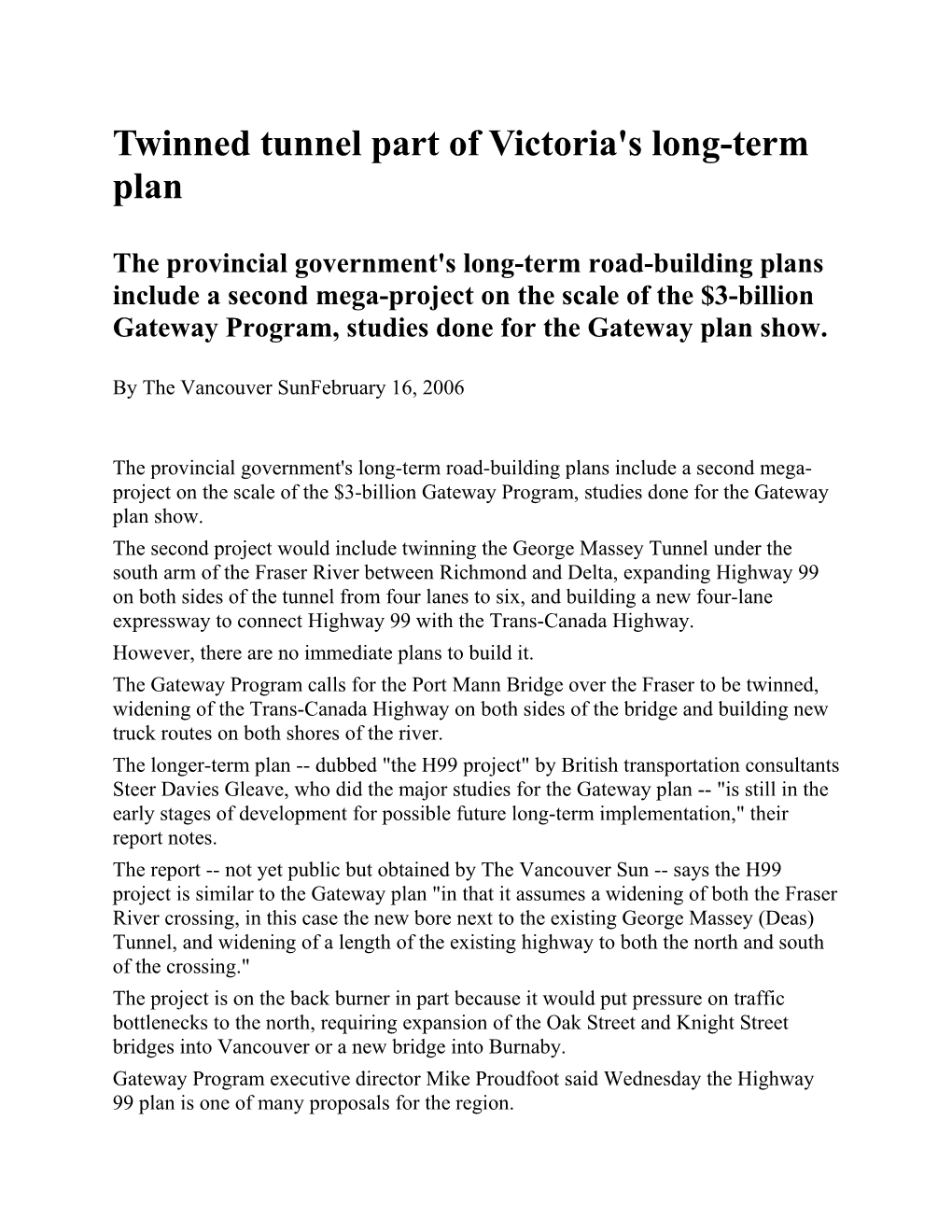 Twinned Tunnel Part of Victoria's Long-Term Plan
