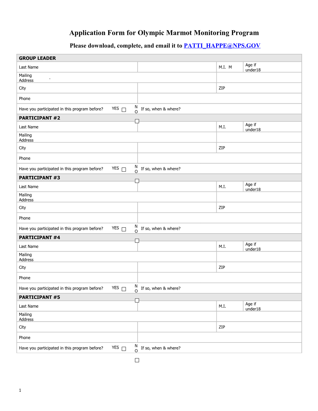 Application Form for Olympic Marmot Monitoring Program