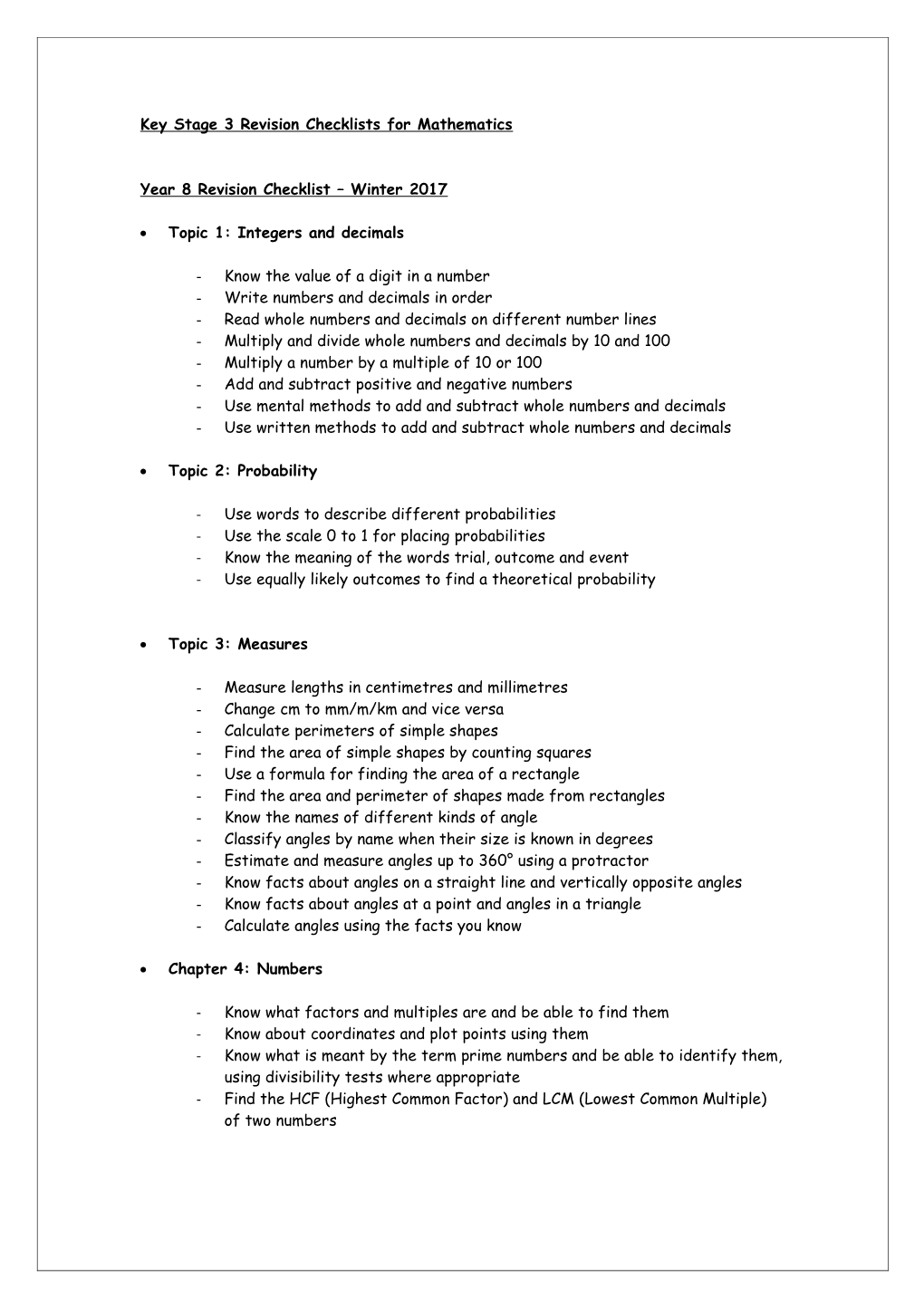 Year 8 Revision Checklist December 2009