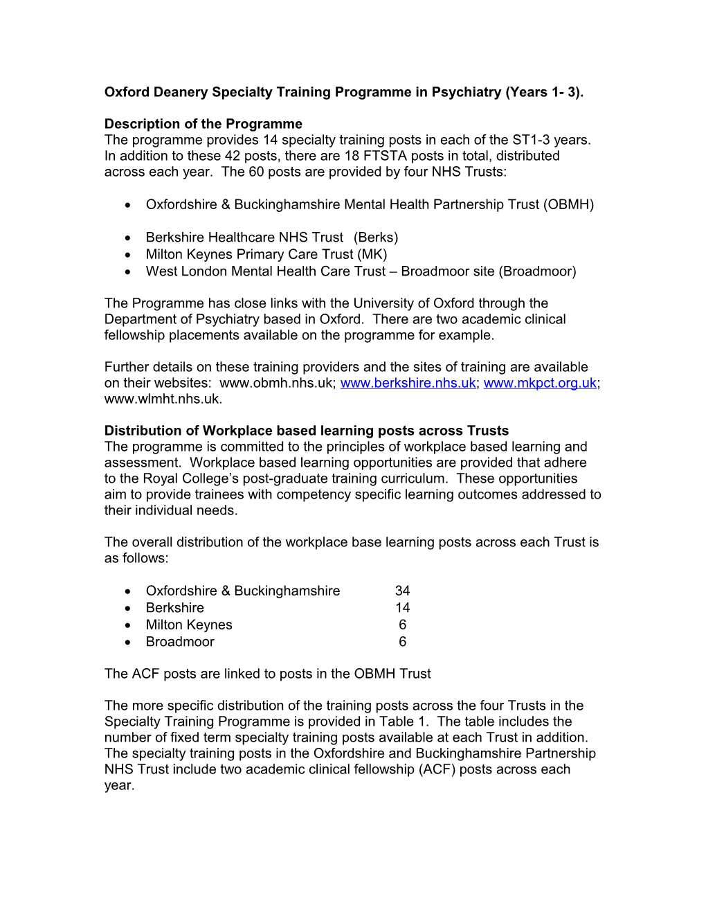 Oxford Deanery Specialty Training Programme in Core Psychiatry (Years 1-3)