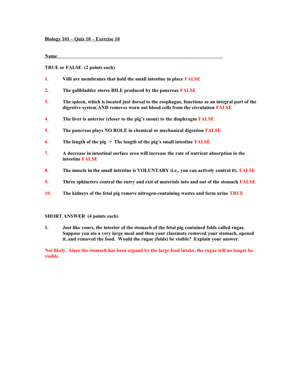 Biology 101 Quiz 10 Exercise 10