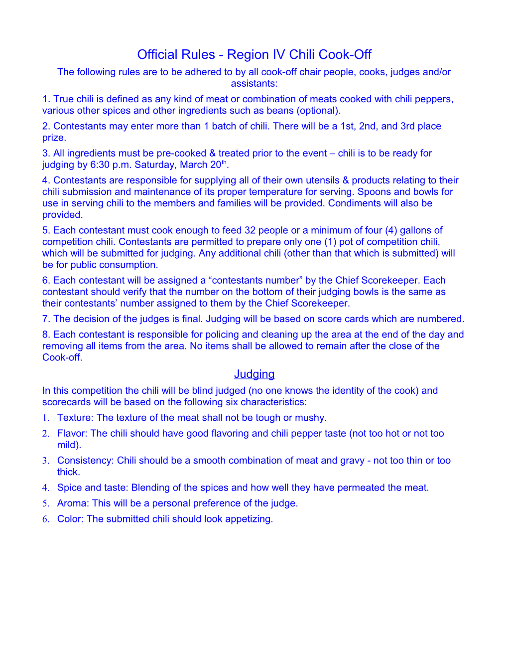 Official Rules - Region IV Chili Cook-Off