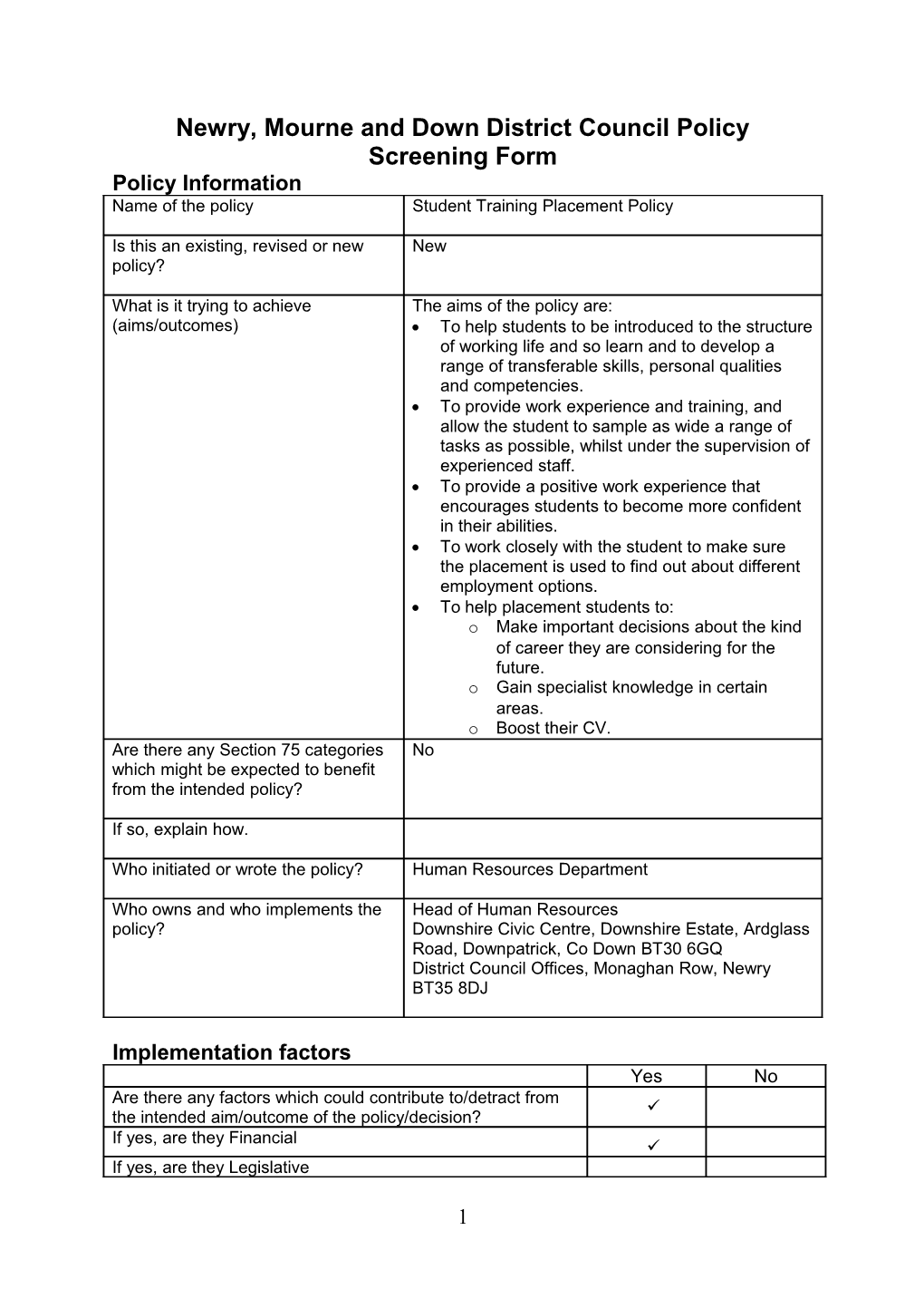 Newry, Mourne and Down District Council Policy Screening Form s2