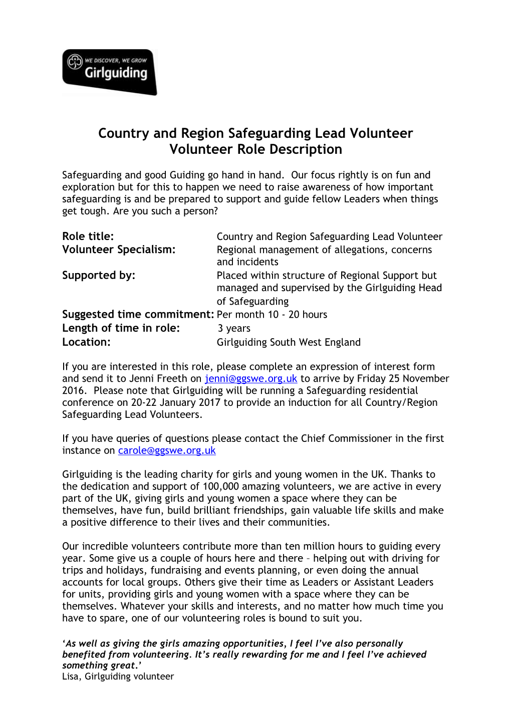 Country and Region Safeguarding Lead Volunteer