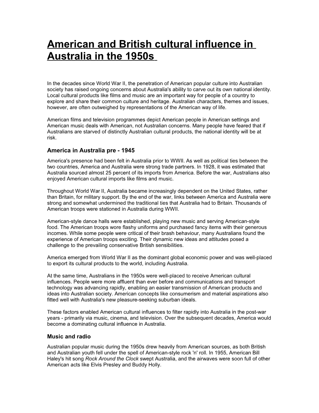 American and British Cultural Influence in Australia in the 1950S