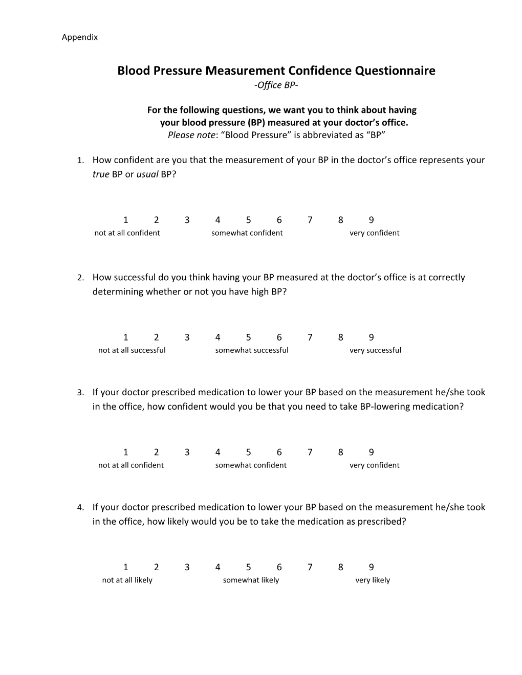 Blood Pressure Measurement Confidence Questionnaire