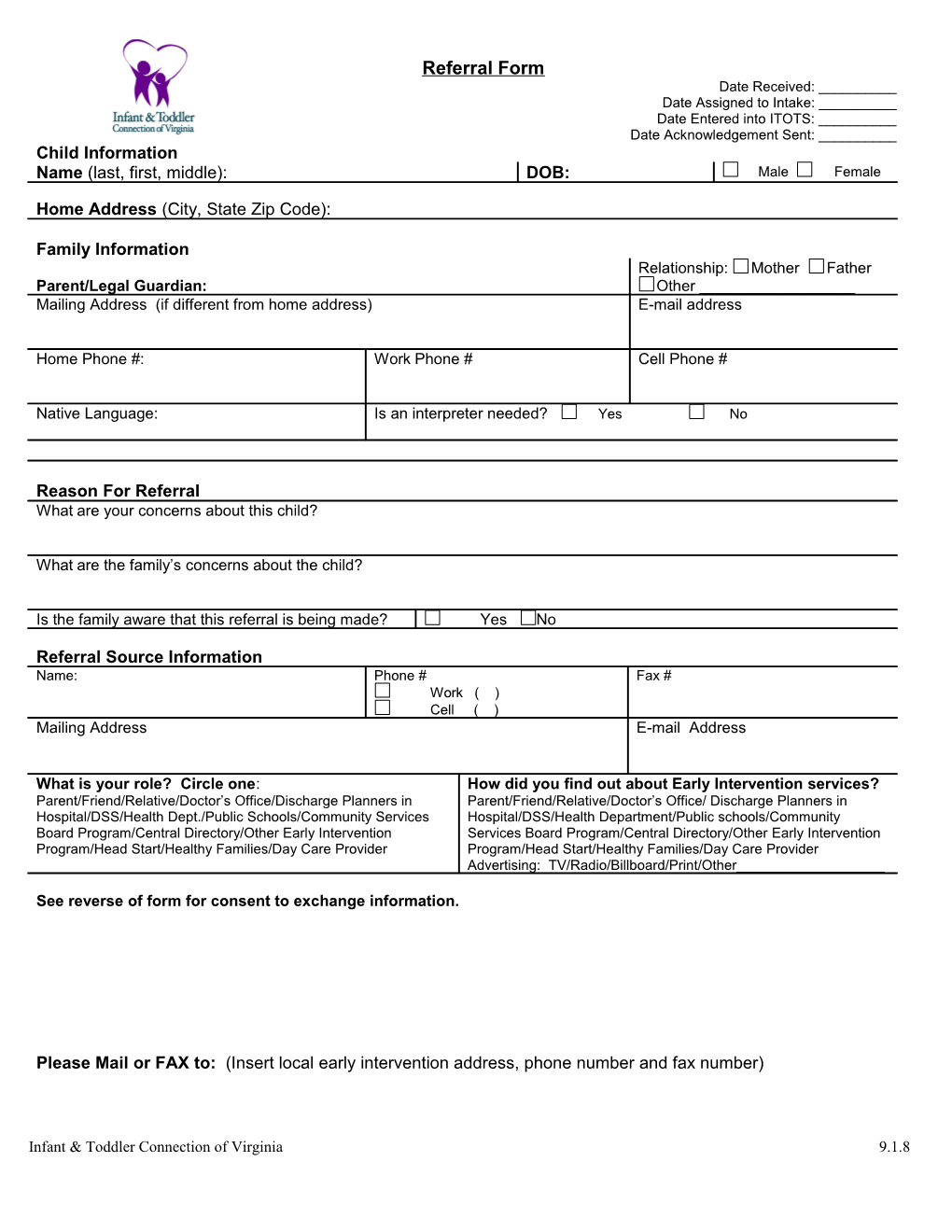 Referral Form to the Infant & Toddler Connection