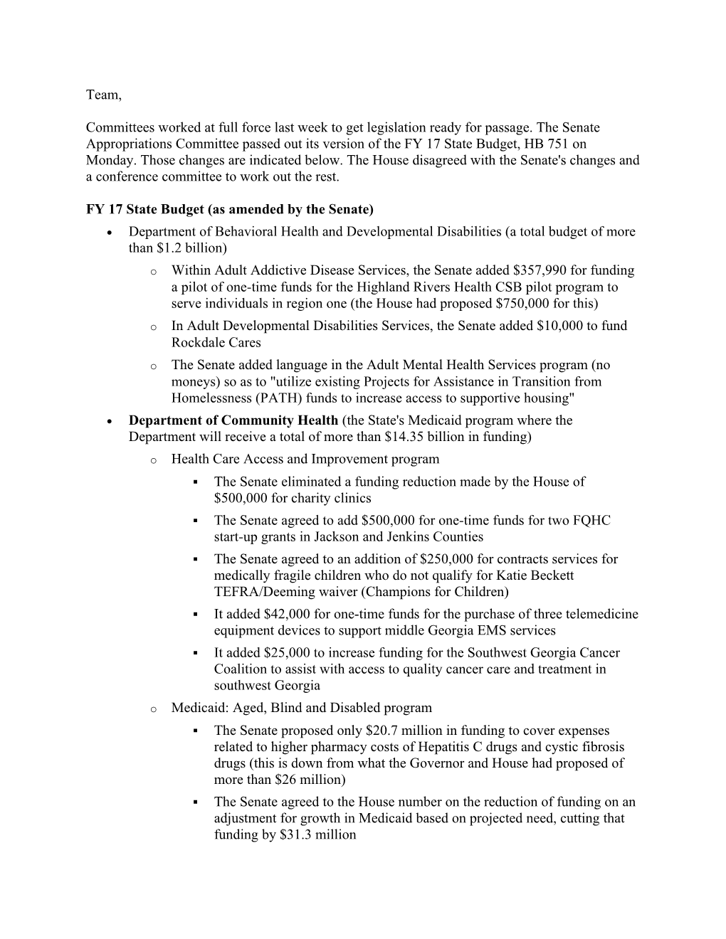 FY 17 State Budget (As Amended by the Senate)