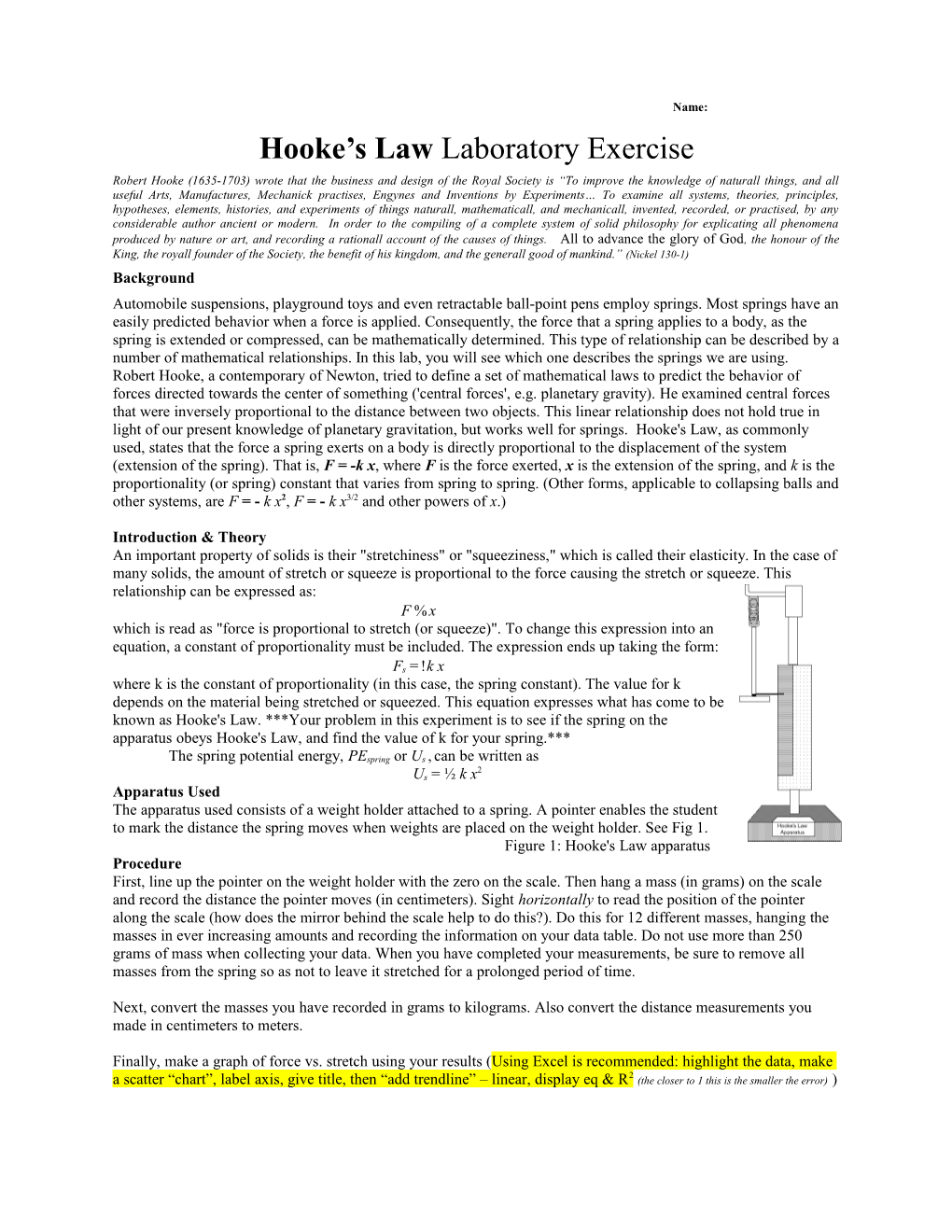 Hooke S Law Laboratory Exercise