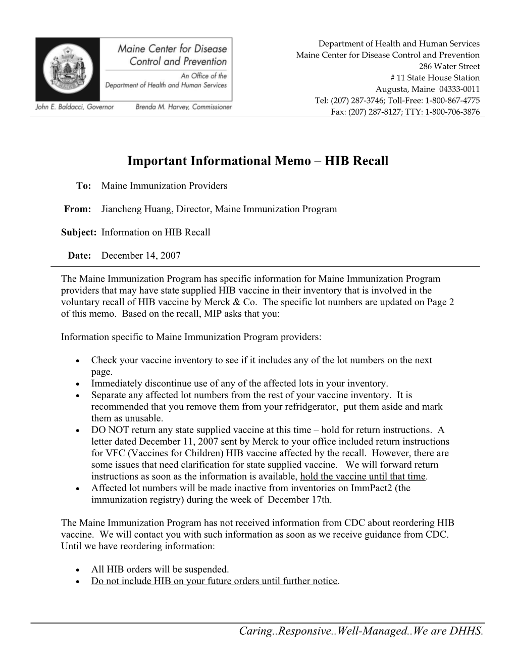 Important Informational Memo HIB Recall