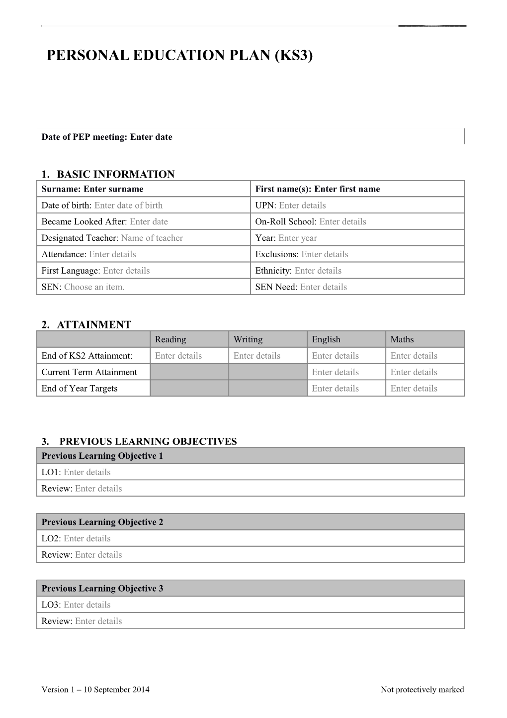 Personal Education Plan (KS3)