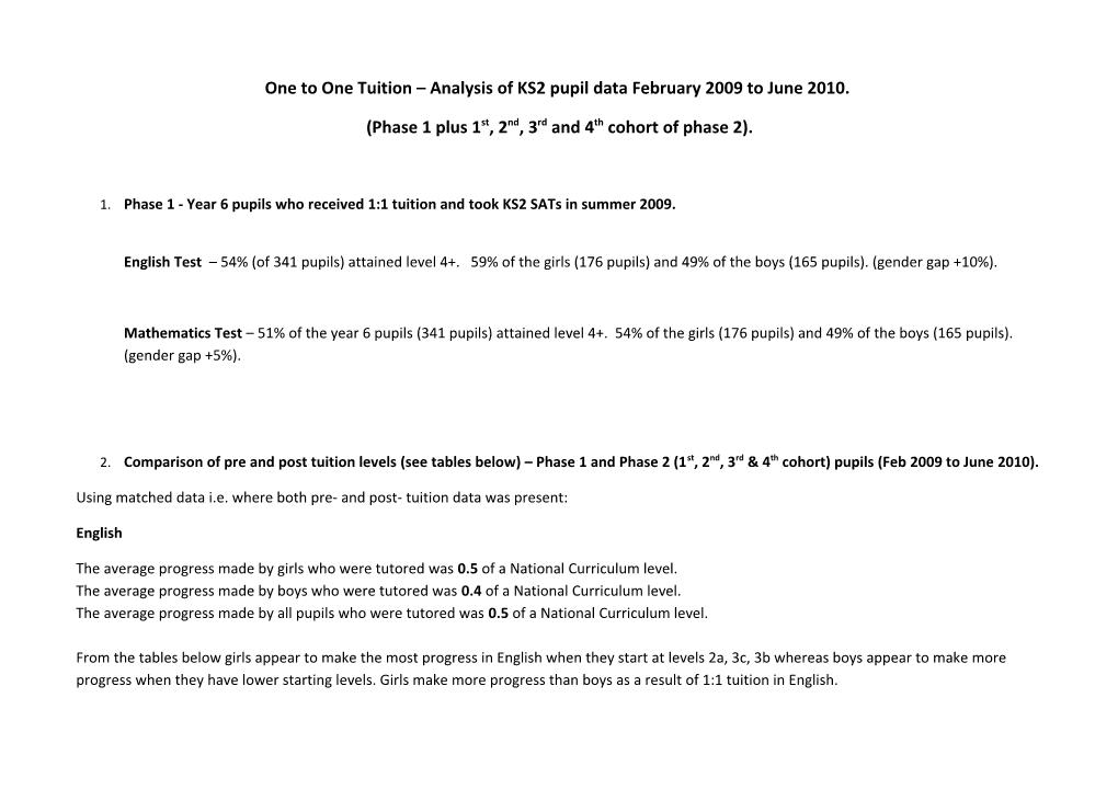 One to One Tuition Analysis of KS2 Pupil Data February 2009 to June 2010