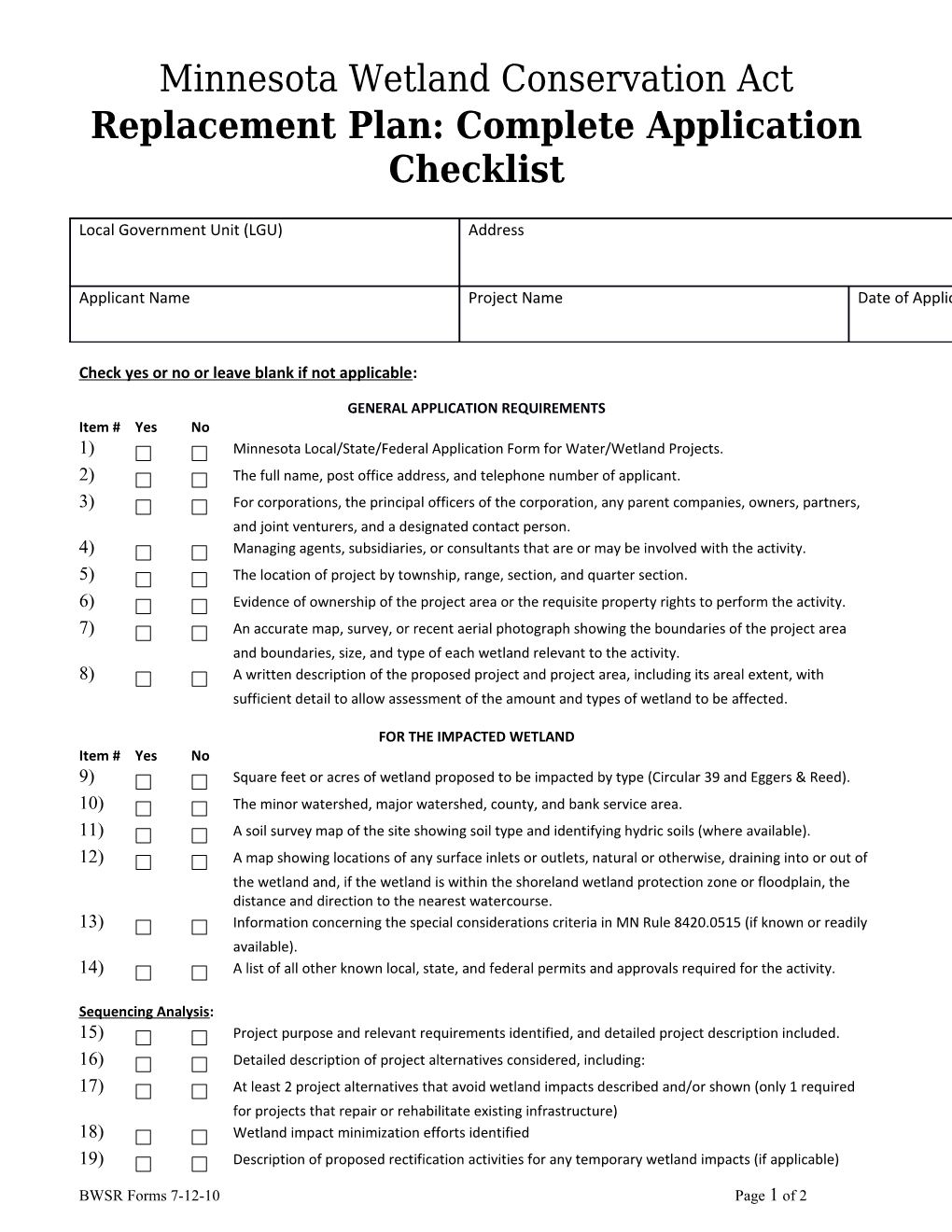 Wetland Conservation Act Replacement Plan Application Checklist