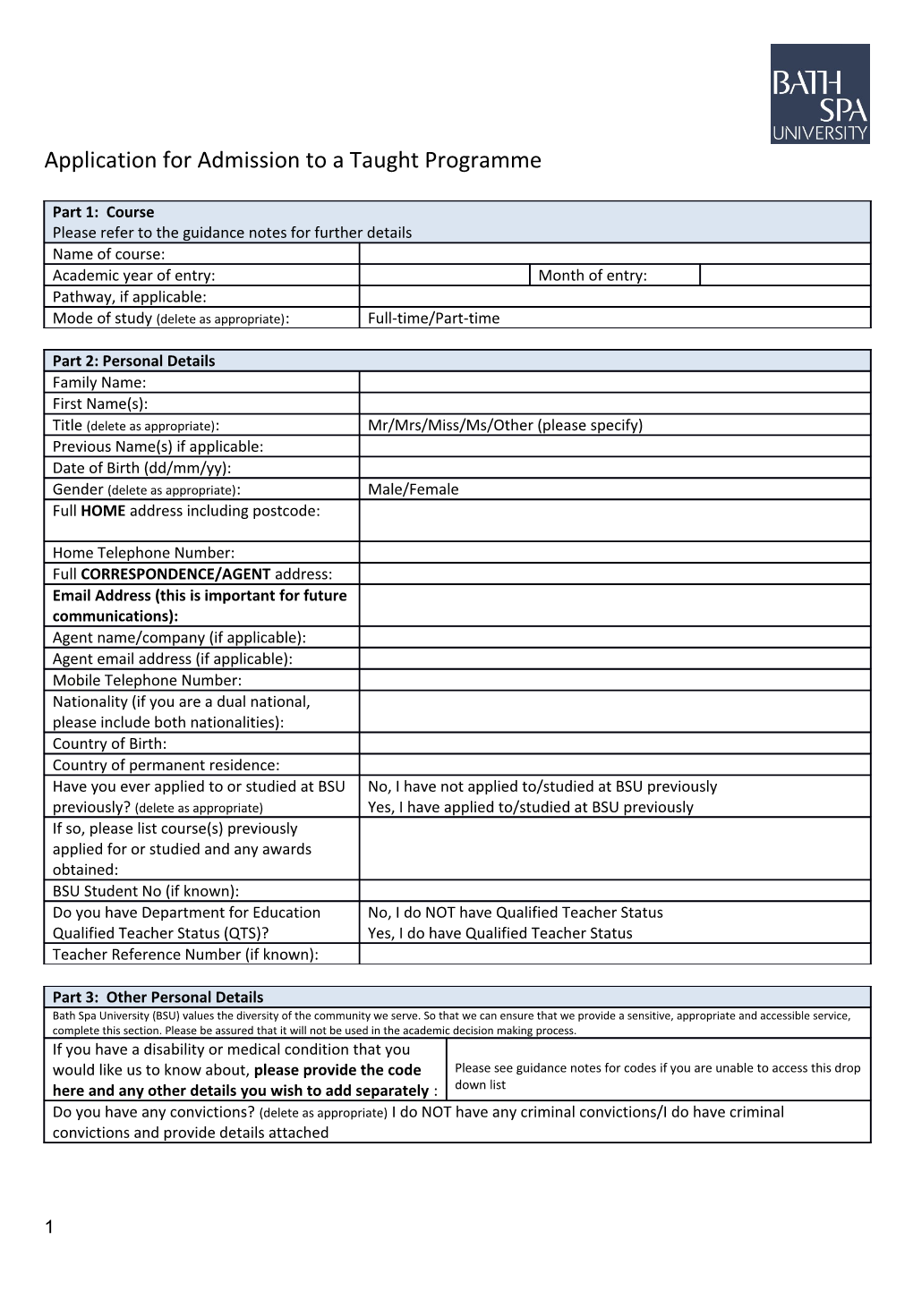 Application for Admission to a Taught Programme