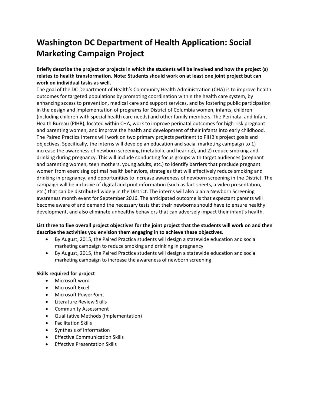 Washington DC Department of Health Application: Social Marketing Campaign Project