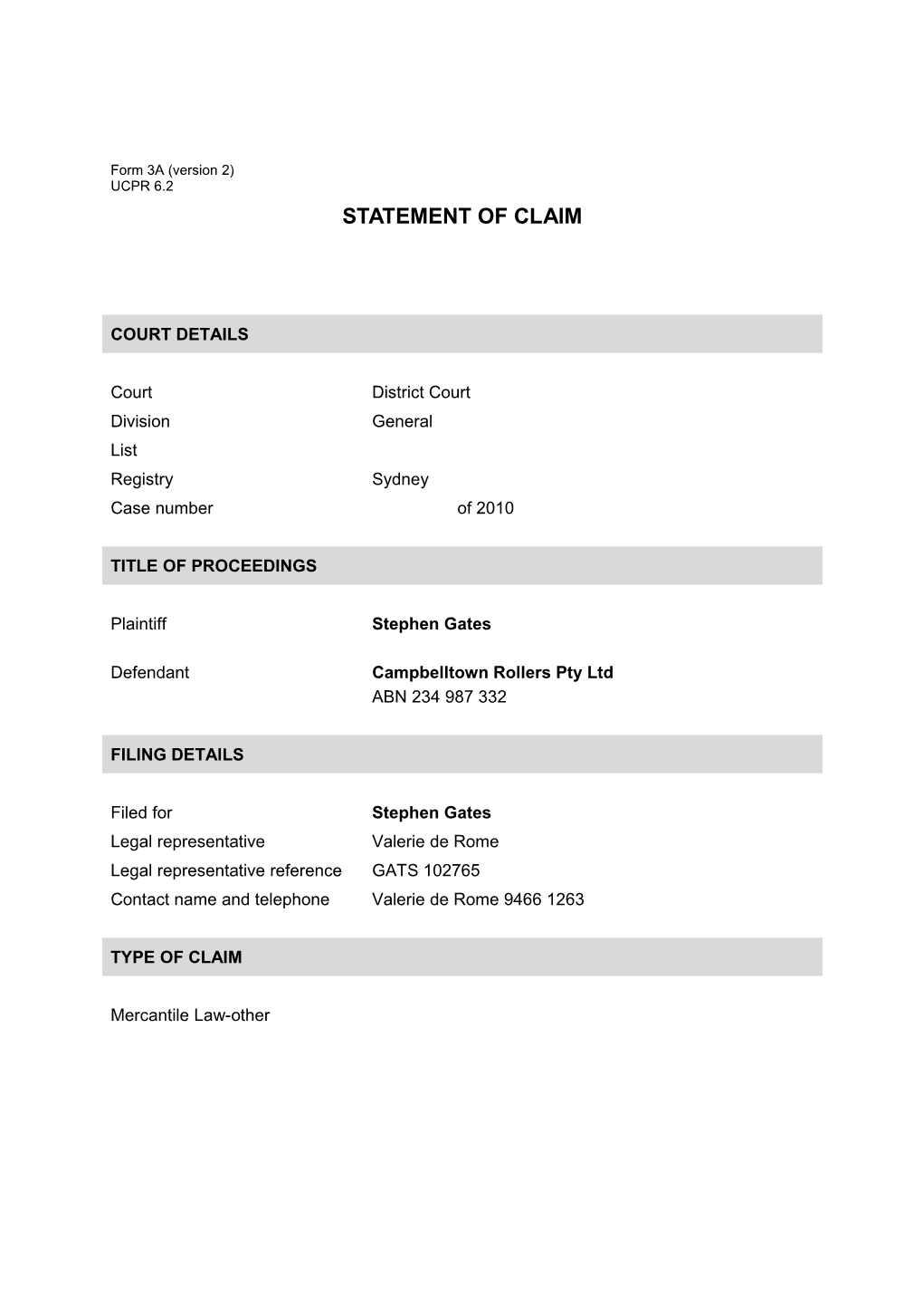 NSW UCPR Form 3A - Statement of Claim - Filing Party Legally Represented