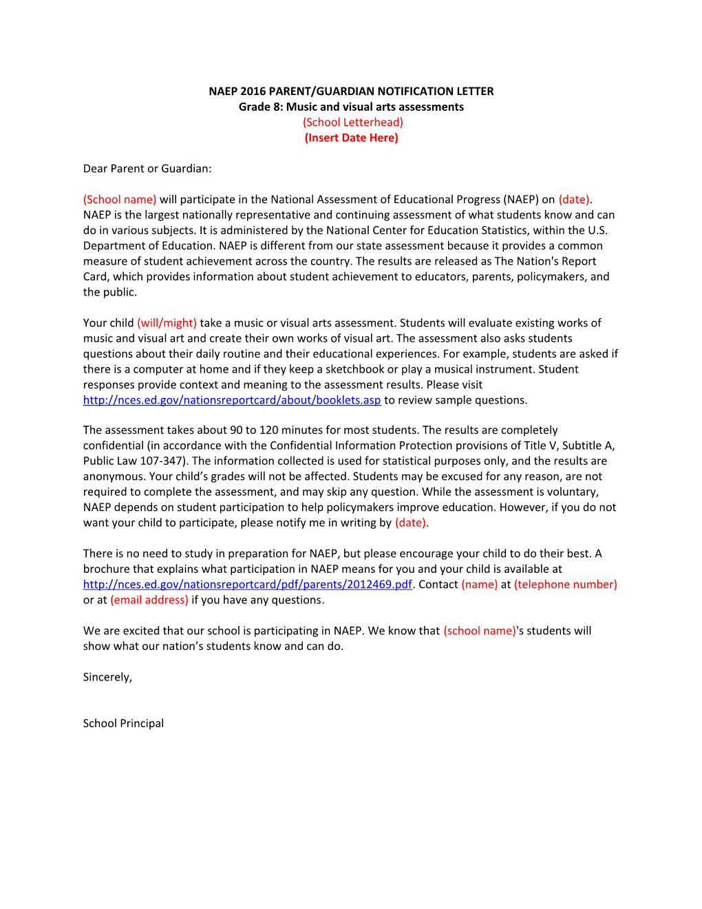 Sample Parent-Guardian Notification Letter NAEP 2016 - Arts (*, 9/29/2015)