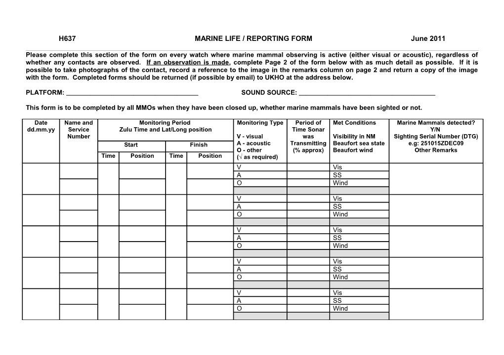 H637 MARINE LIFE / REPORTING FORM June 2011