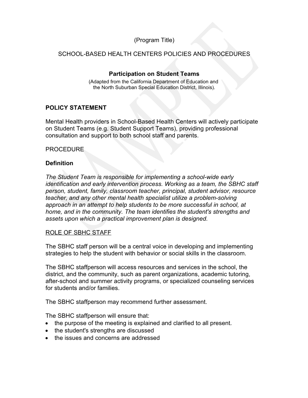 School-Based Health Centers Policies and Procedures