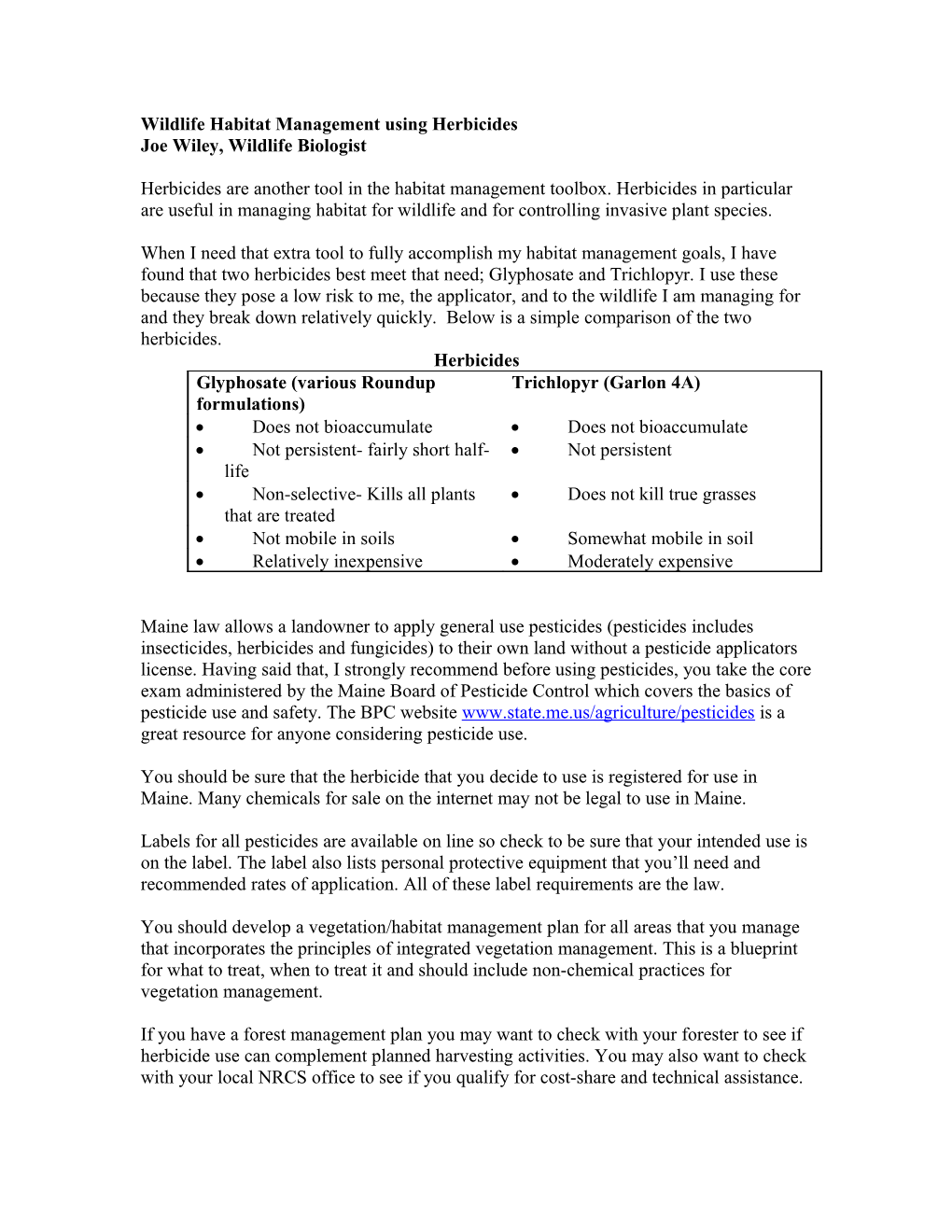 Wildlife Habitat Management Using Herbicides