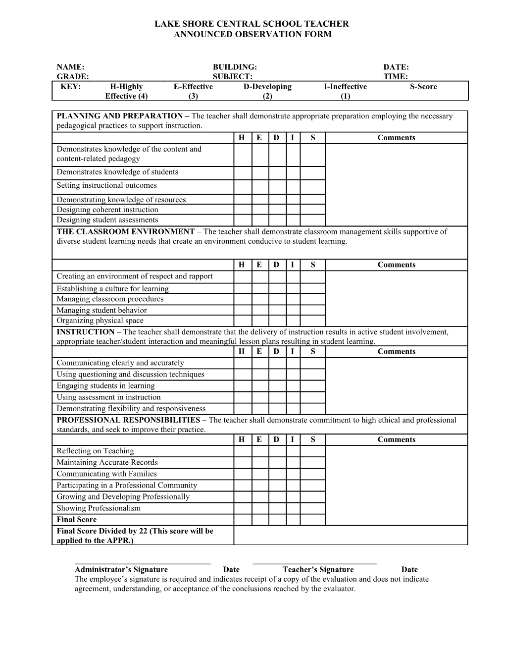 Lake Shore Central School Teacher Observation Form