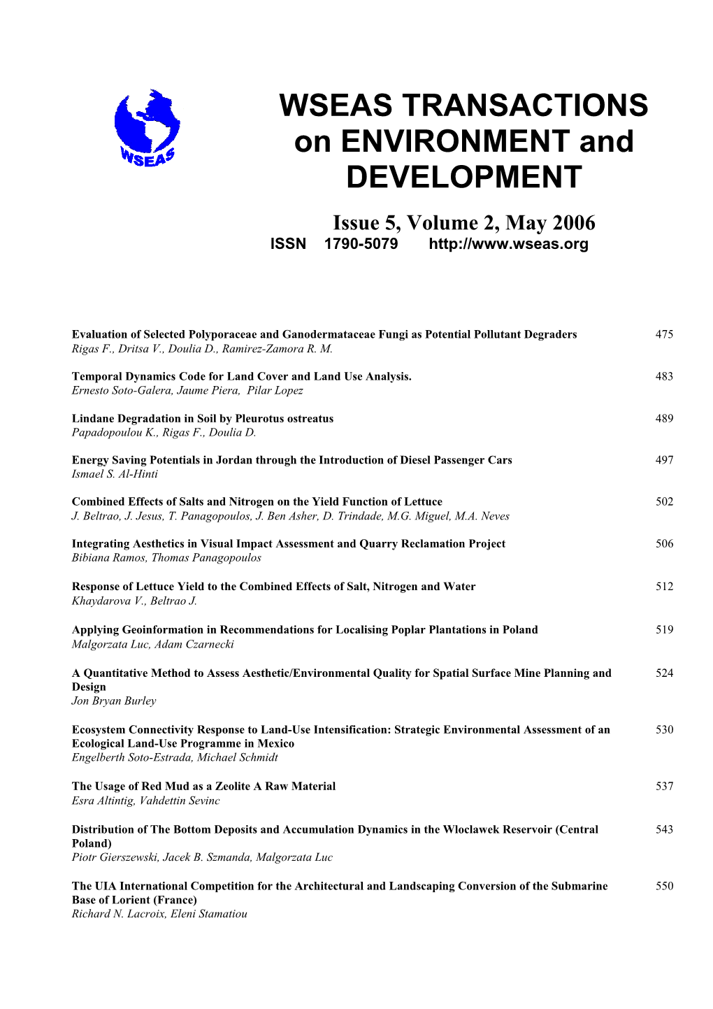 WSEAS TRANSACTIONS on ENVIRONMENT and DEVELOPMENT, May 2006