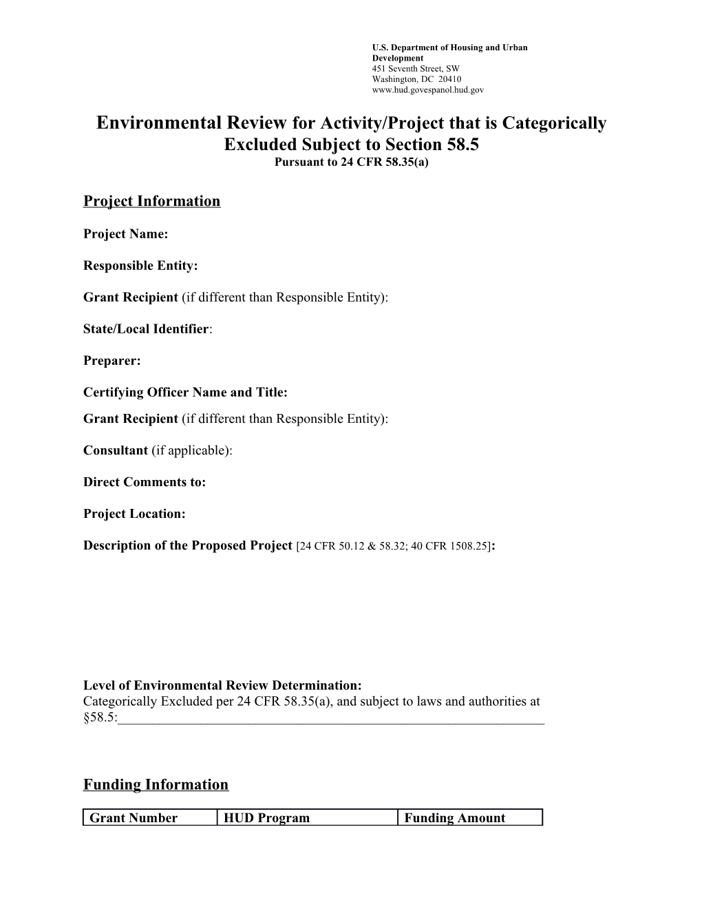 Environmental Review for Activity/Project That Is Categorically Excluded Subject to Section 58
