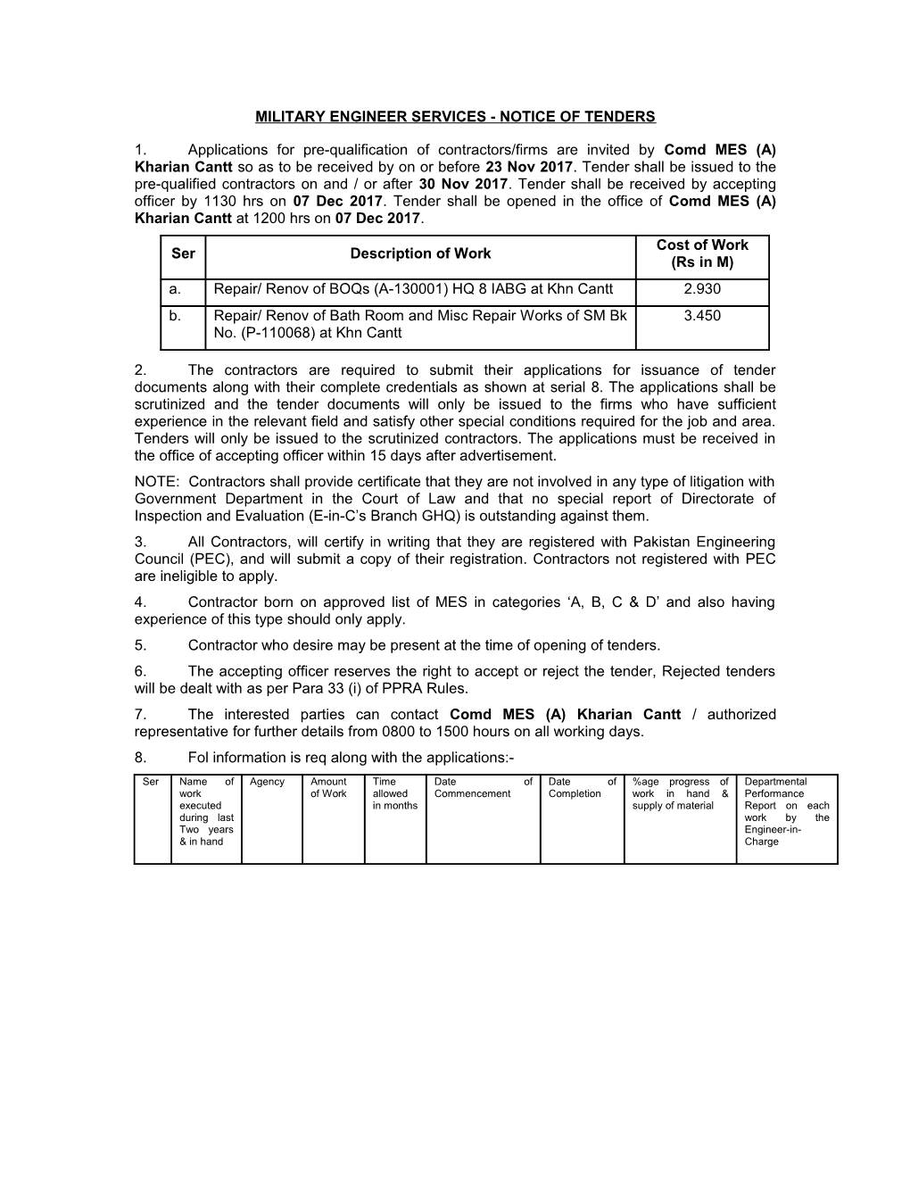 Military Engineer Services - Notice of Tenders