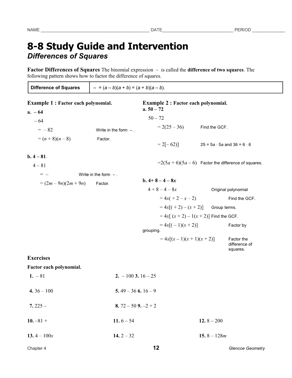 8-8 Study Guide and Intervention