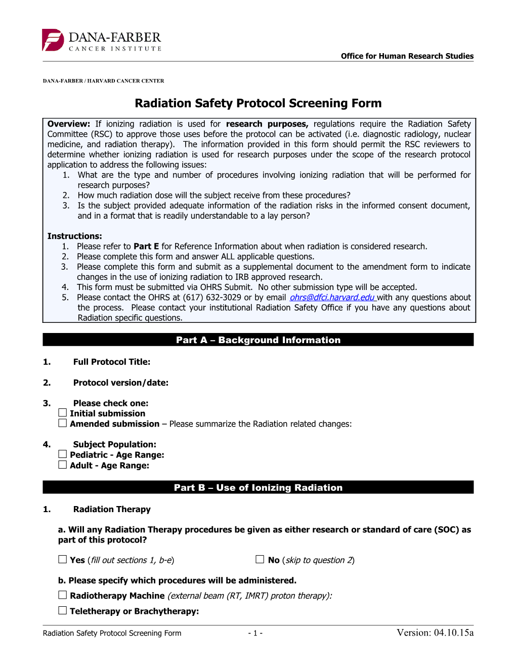 Radiation Safety Protocol Screening Form