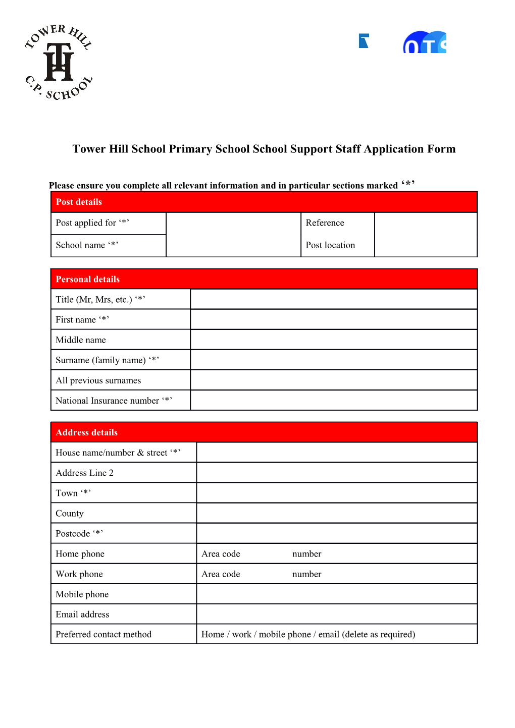 Tower Hill School Primary School School Support Staff Application Form