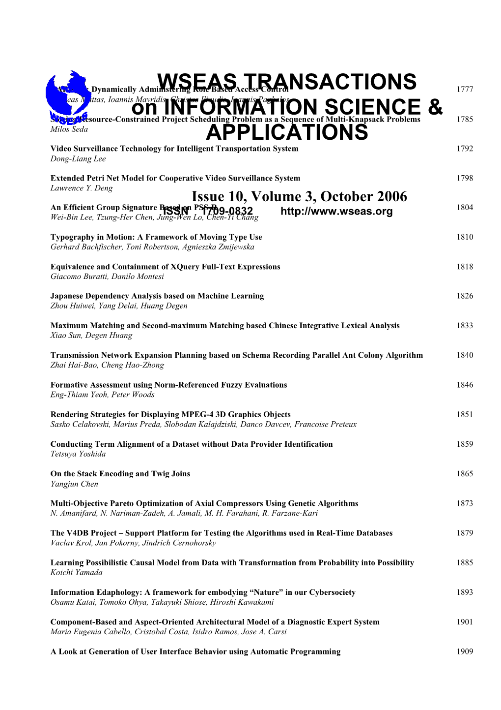 WSEAS Trans. on INFORMATION SCIENCE & APPLICATIONS, September 2006