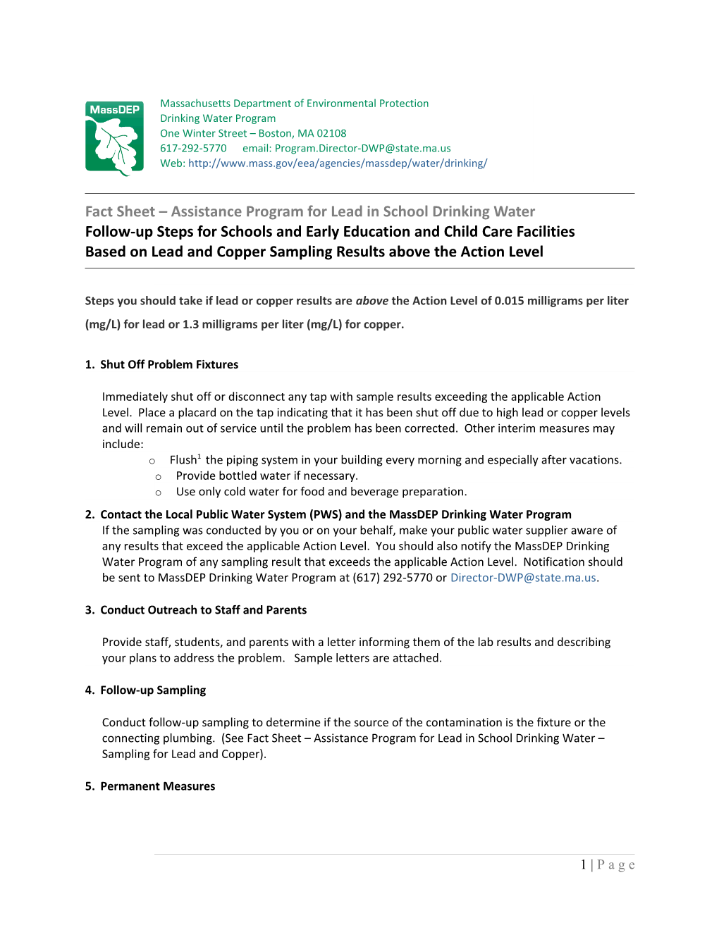 Fact Sheet Assistance Program for Lead in School Drinking Water