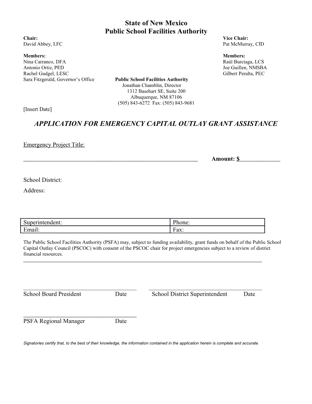 Application for Emergency Capital Outlay Grant Assistance