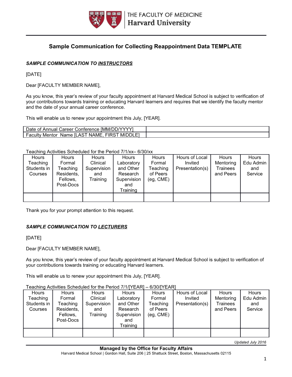 Sample Communication for Collecting Reappointment Data TEMPLATE