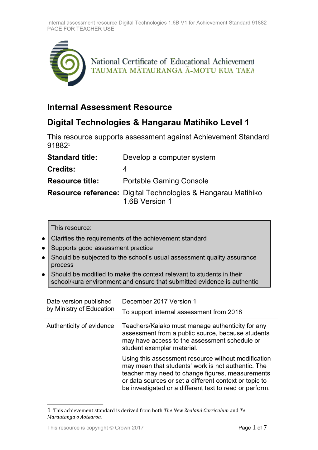 DT HM Level 1 Internal Assessment Resource