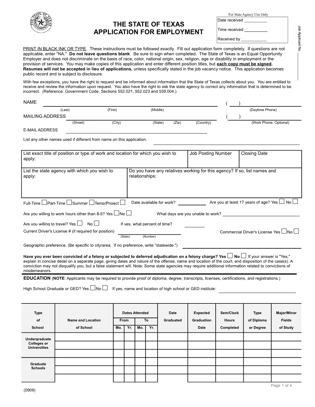 The State of Texas Application for Employment