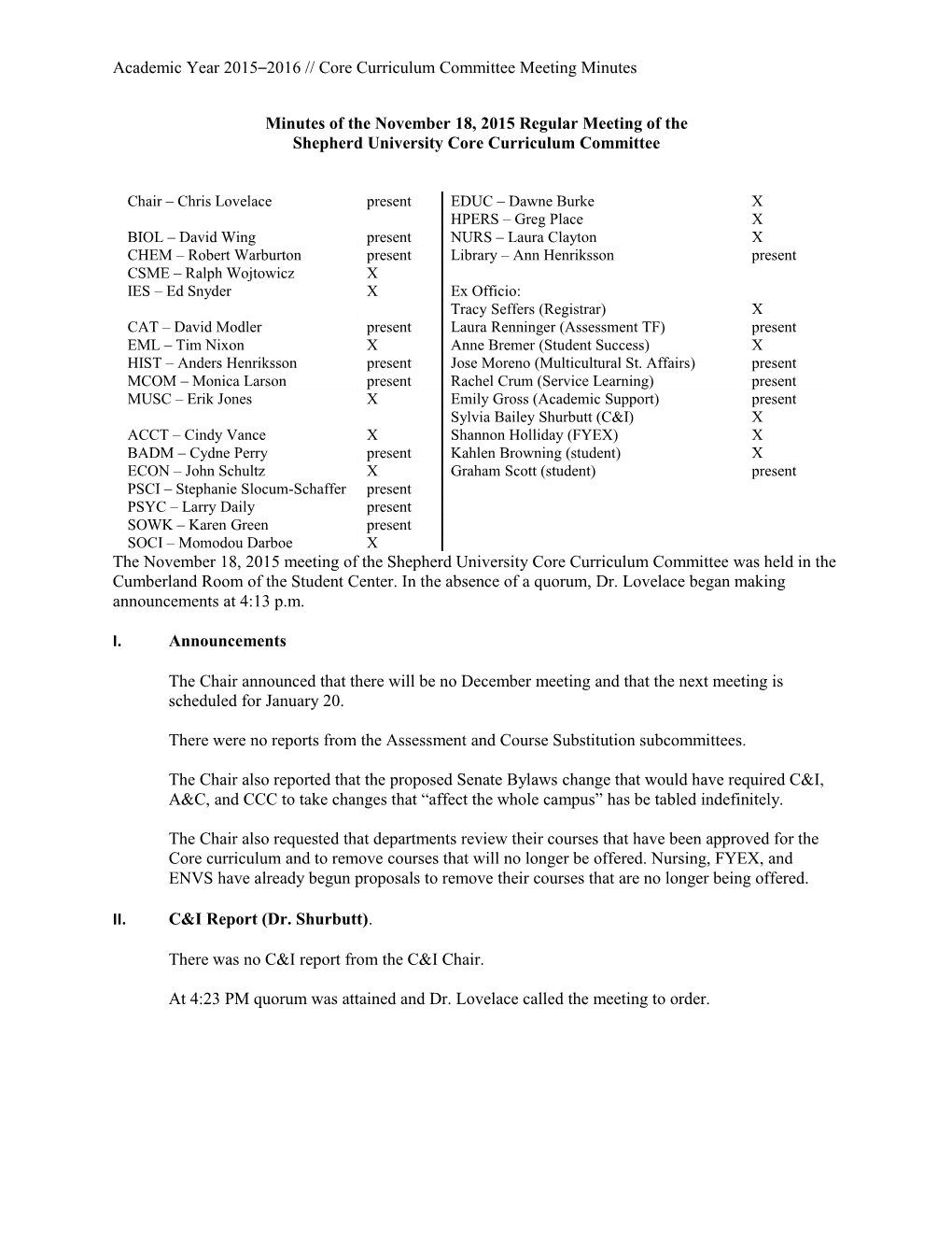 Academic Year 2015 2016 Core Curriculum Committee Meeting Minutes